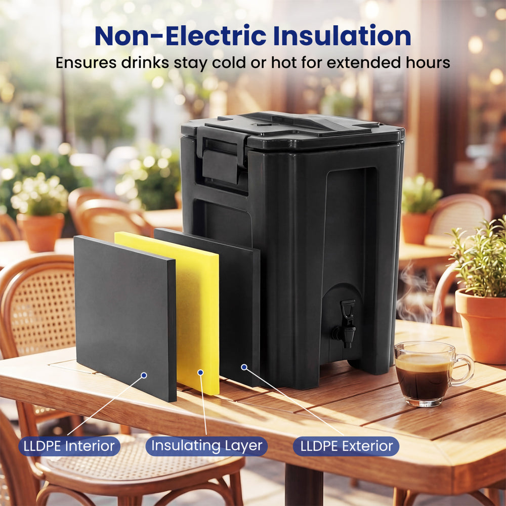 Insulated beverage dispenser with triple-layer insulation, 13.2-gallon capacity, ideal for catering and outdoor events.