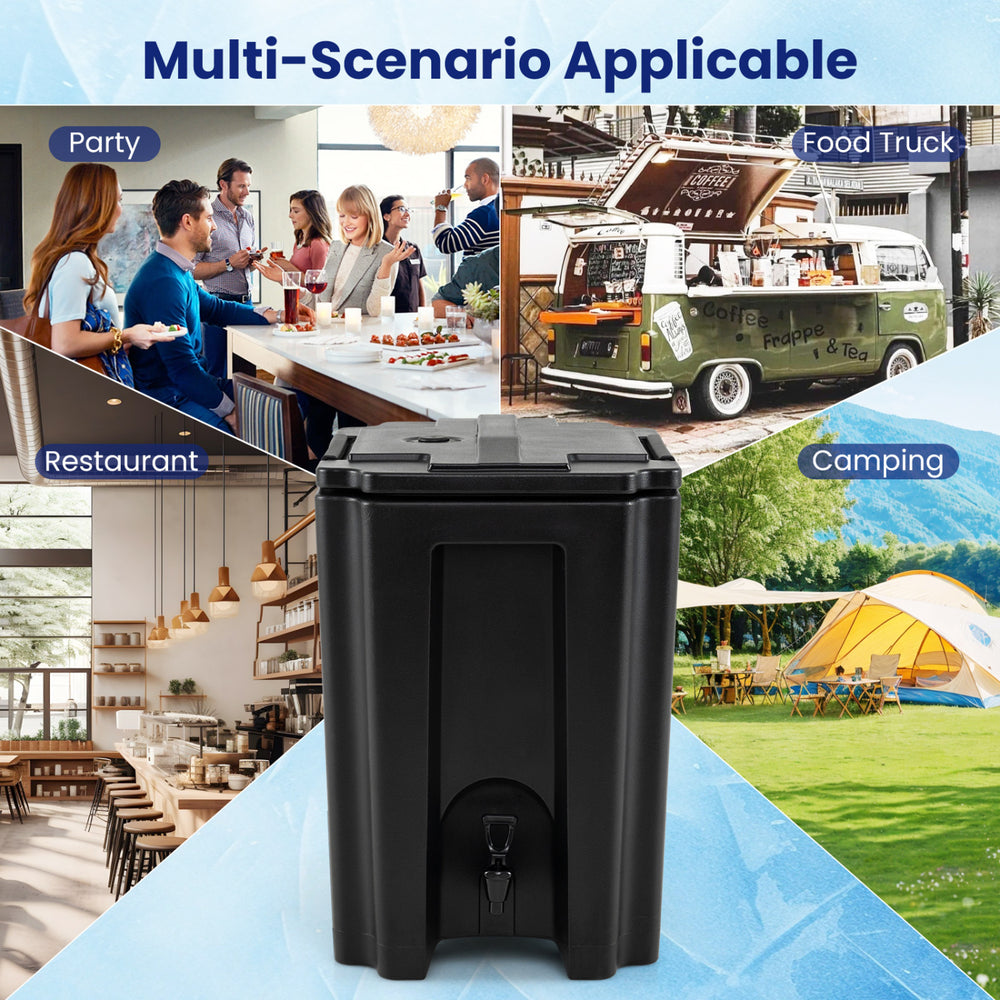 Black 13.2 Gal insulated beverage dispenser with two-stage faucet, ideal for parties, camping, and restaurants.