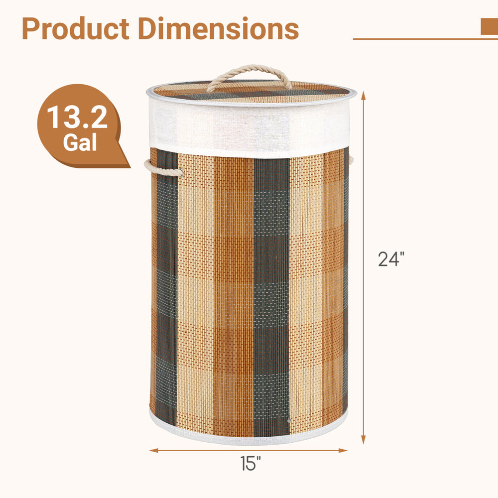 Multicolor 13.2-gallon laundry hamper with removable liner, bamboo frame, and compact design for easy storage.