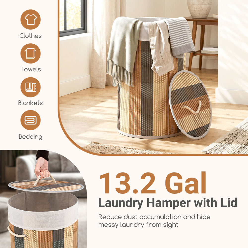 Laundry hamper with a removable liner, 13.2-gallon capacity, bamboo frame, and lid for dust reduction and neat storage.