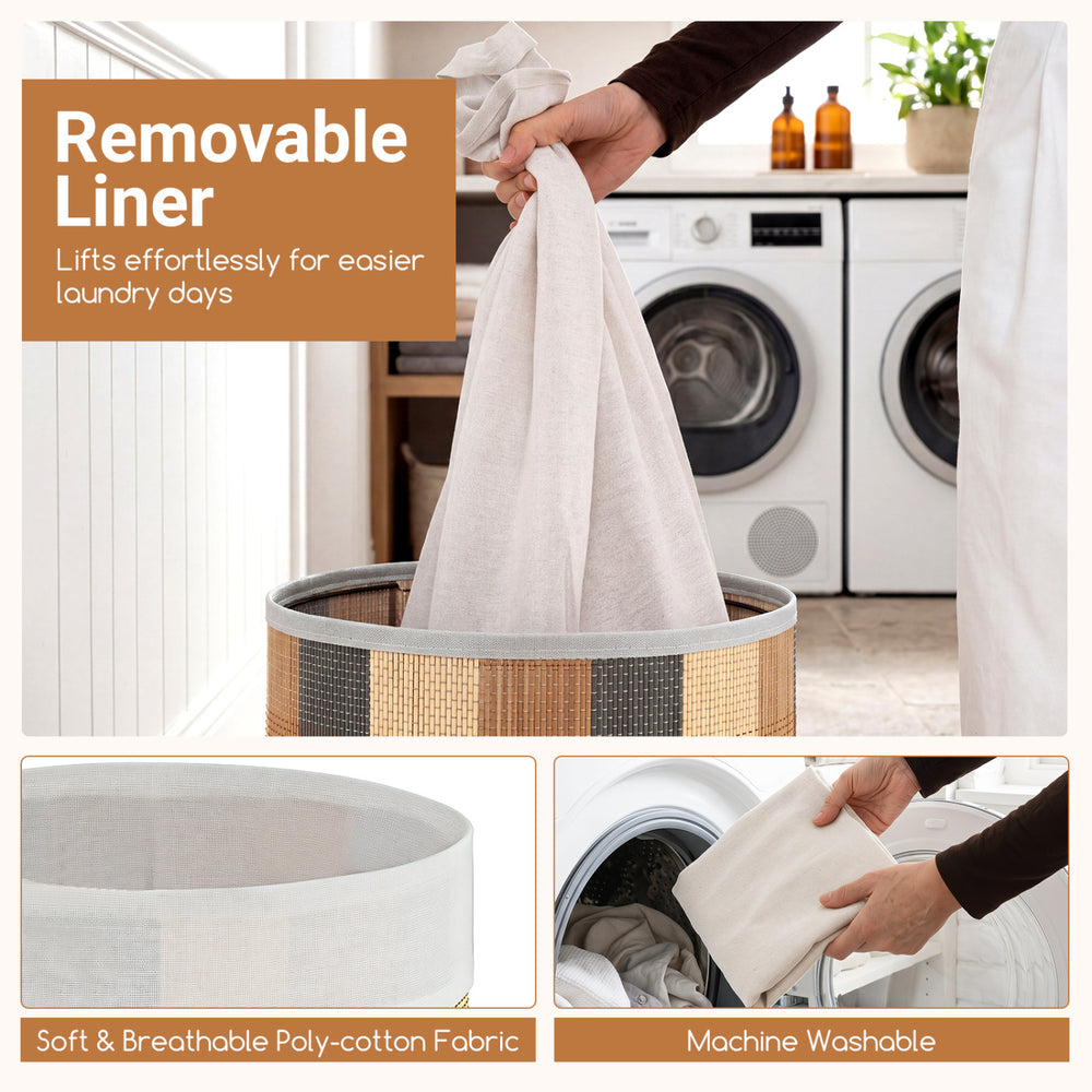 Laundry hamper with a removable, machine-washable liner and bamboo frame, perfect for everyday family laundry.