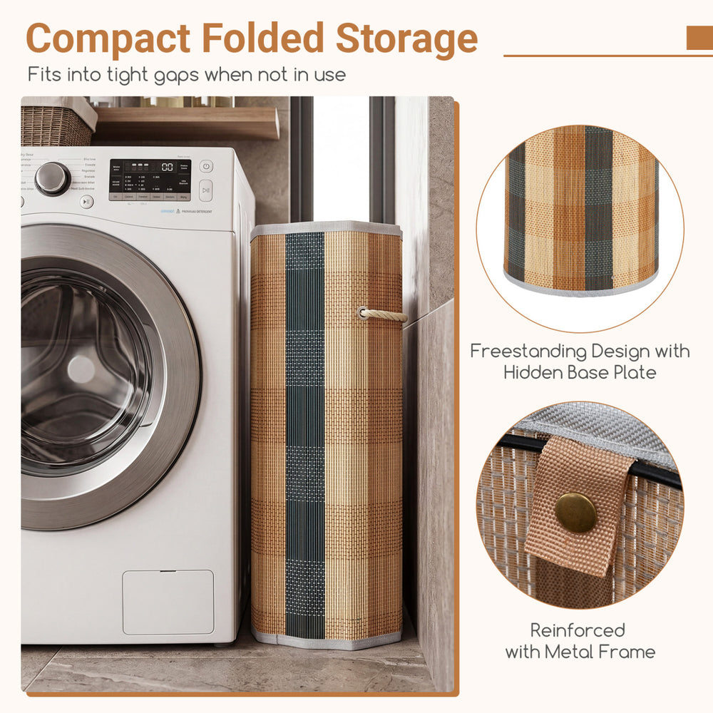 Freestanding 13.2-gallon laundry hamper with bamboo-woven finish and removable, machine-washable liner for easy care.
