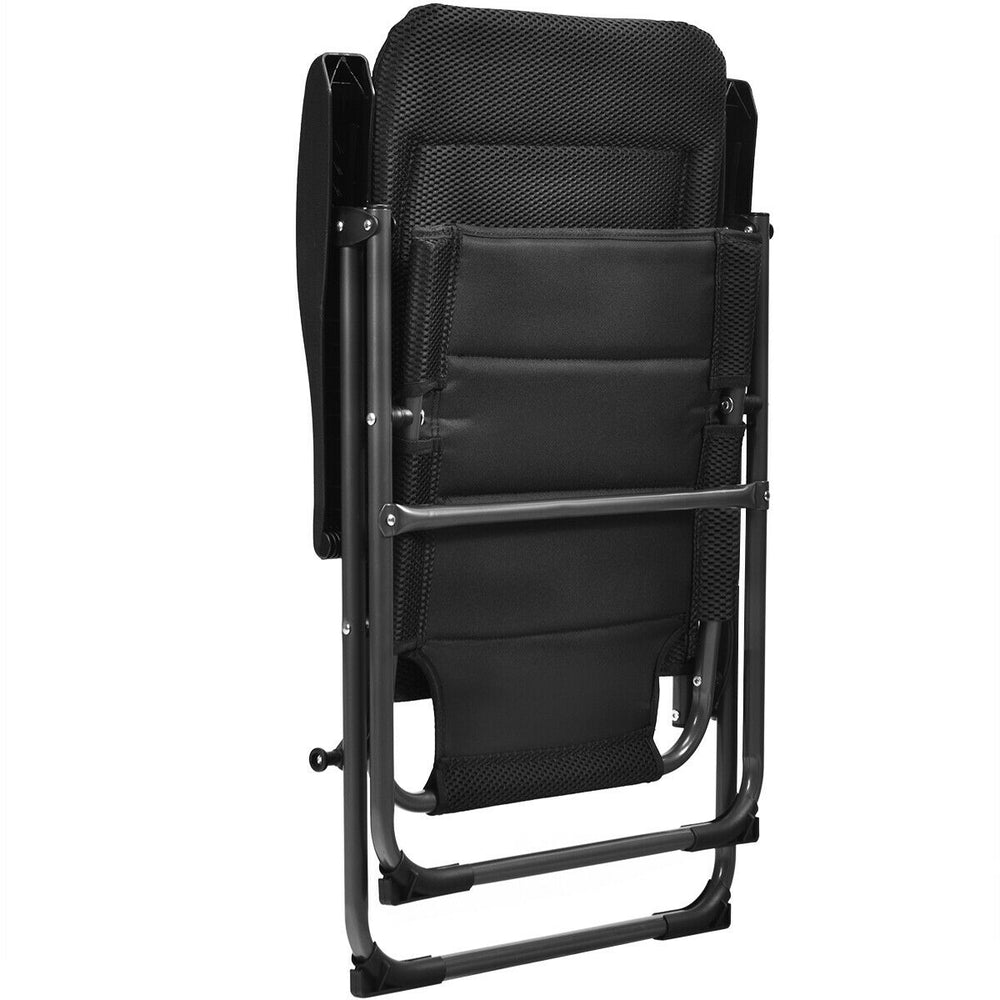 Folding patio chair with adjustable backrest in black, made of steel and oxford fabric, perfect for outdoor relaxation.