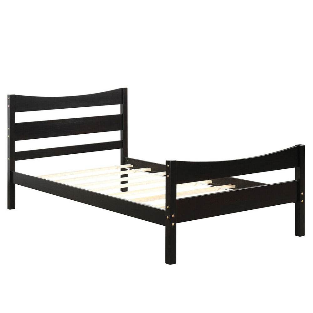 Twin Size Rustic Style Platform Bed Frame with Headboard and Footboard-Dark Brown - Gallery View 1 of 12