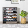Stackable 31-inch brown shoe rack with two tiers, showcasing various shoes, ideal for living room or bedroom storage.