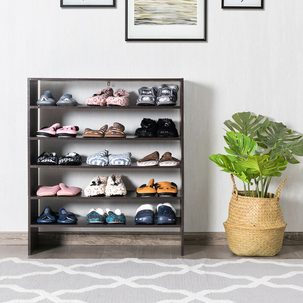 Stackable 31-inch brown shoe rack with two tiers, showcasing various shoes, ideal for living room or bedroom storage.