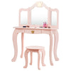 Kids makeup dressing table in pink with tri-folding mirror and stool, perfect for bedroom or playroom use.