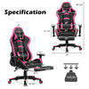 Massage gaming chair with pink accents, adjustable backrest, footrest, and armrests for ultimate comfort and support.