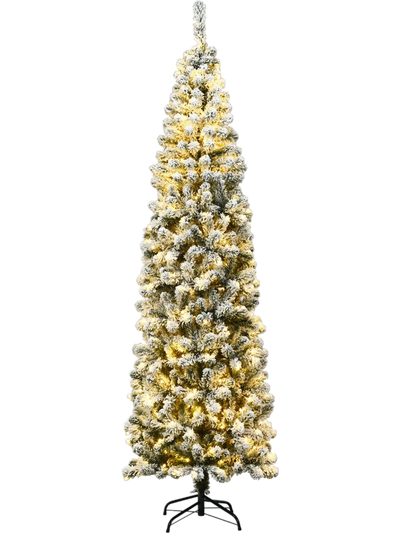 Costway 7.5' Pre-Lit Snow Flocked Artificial Pencil Christmas Tree LED Lights 51268407 New