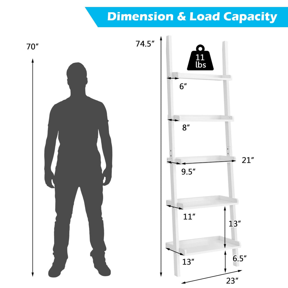 5-tier wall-leaning ladder shelf in white with dimensions and load capacity, ideal for plants and books display.