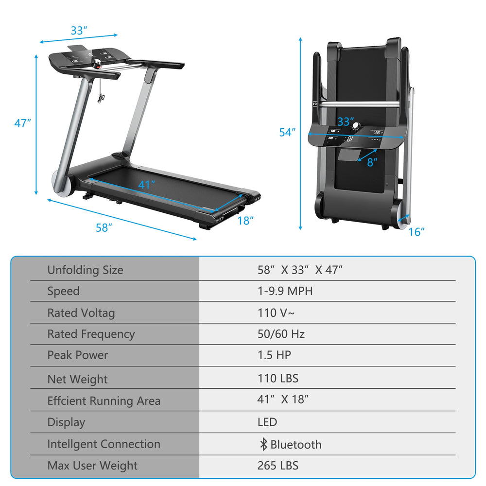 Folding treadmill with LED display, heart rate belt, and shockproof running belt for home workouts and easy storage.