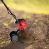 14-inch electric tiller with 10-amp motor cultivating soil, ideal for small to medium gardens, featuring ergonomic.