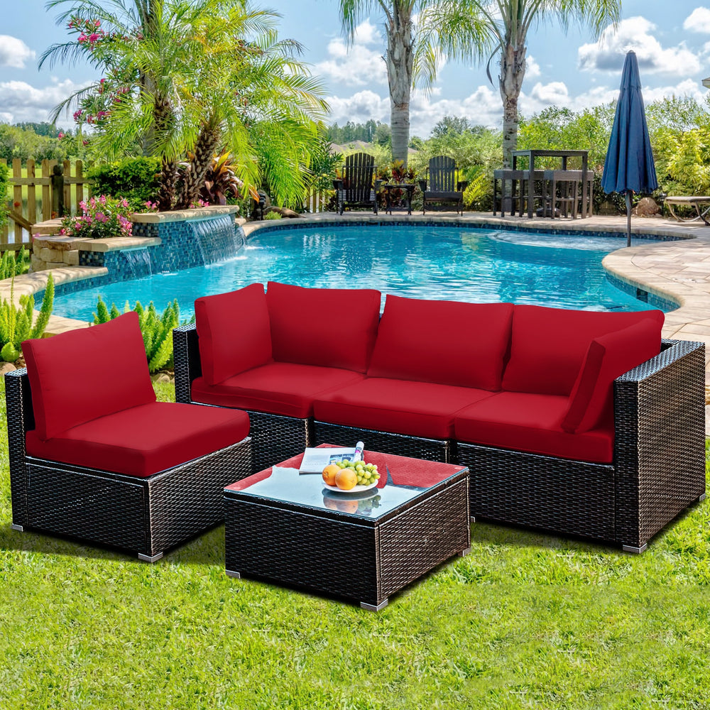 5 Pieces Cushioned Patio Rattan Furniture Set with Glass Table-Red - Gallery View 1 of 10