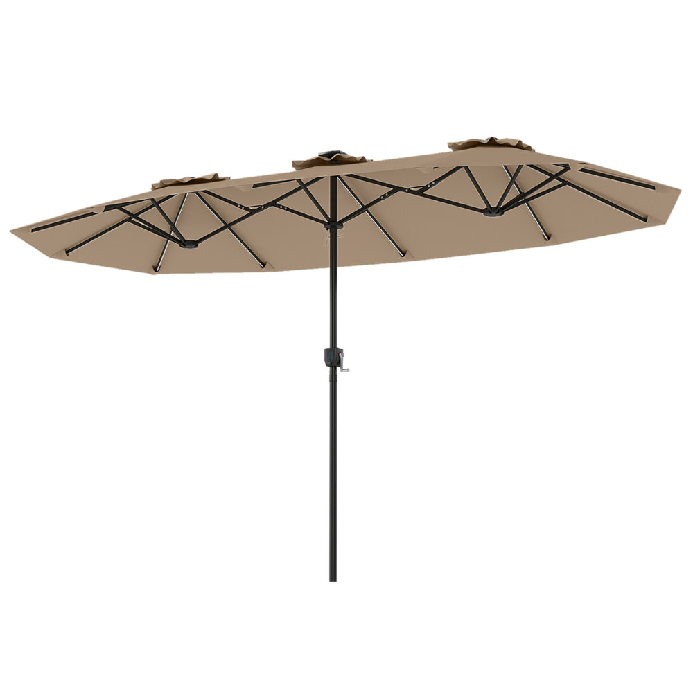 Double-sided 13 FT patio umbrella in brown with solar LED lights, featuring a large sunshade area and stable frame.