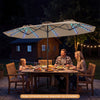 Double-sided 13 FT patio umbrella with color-changing solar LED lights, perfect for enhancing nighttime outdoor dining.