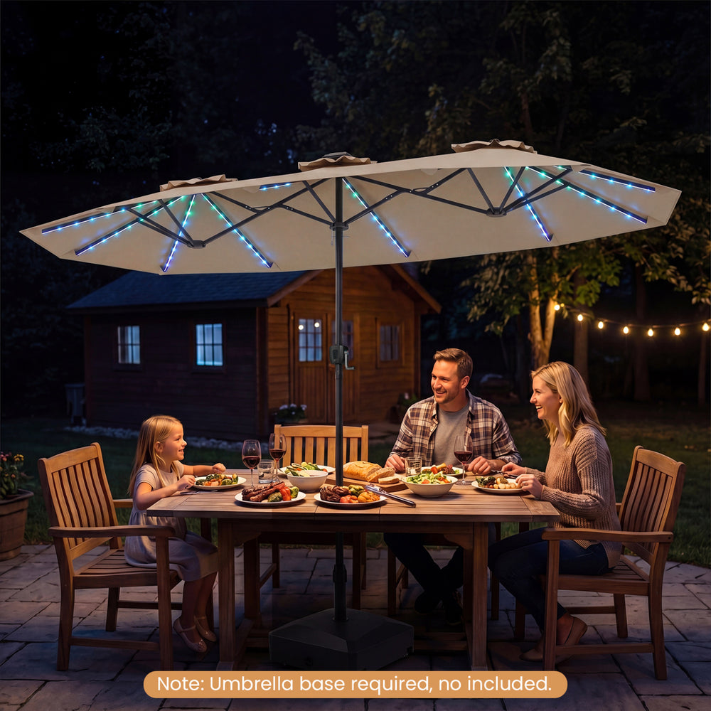 Double-sided 13 FT patio umbrella with color-changing solar LED lights, perfect for enhancing nighttime outdoor dining.