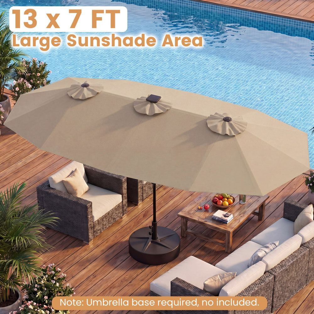 Double-sided 13 FT patio umbrella in brown with solar LED lights, providing large sunshade area for outdoor relaxation.