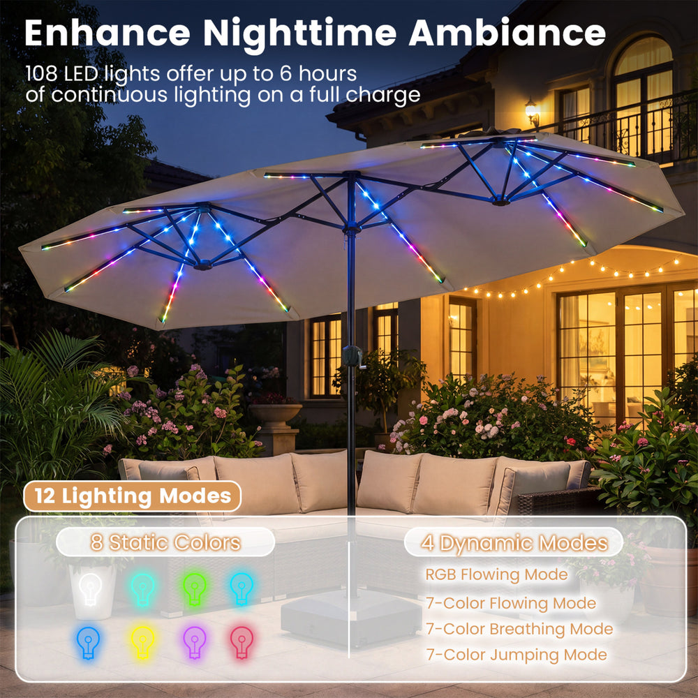 Double-sided 13 FT patio umbrella with color-changing solar LED lights, featuring 12 lighting modes for enhanced.