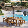 Double-sided 13 FT patio umbrella in brown with solar LED lights and Type-C charging, perfect for outdoor gatherings.