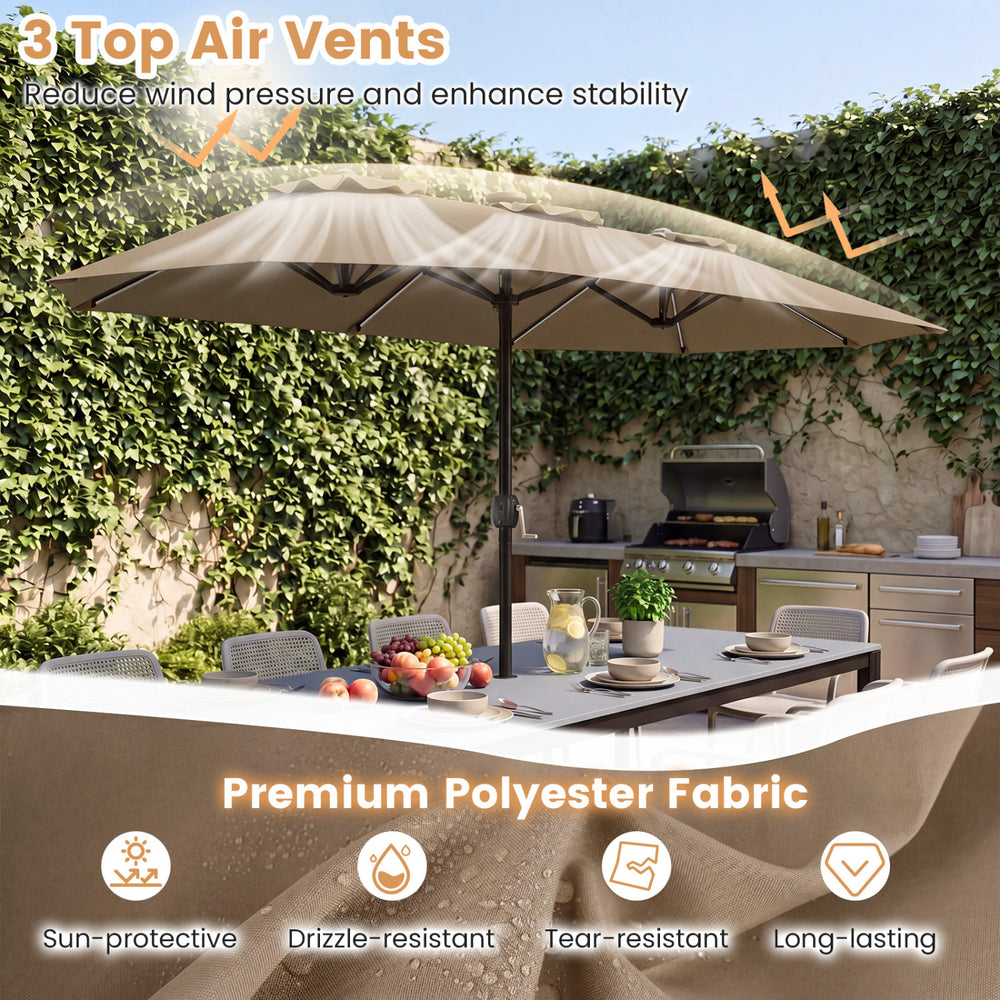 Double-sided 13 FT patio umbrella in brown with solar LED lights, featuring tear-resistant polyester and 3 air vents.