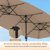 Double-sided 13 FT patio umbrella with 12 reinforced ribs, brown polyester canopy, and color-changing solar LED lights.