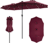 13 FT double-sided patio umbrella in wine color with 36 LED lights, ideal for outdoor dining and lounging.