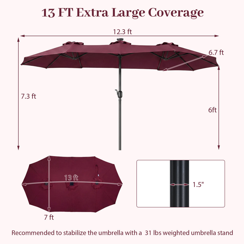 13 ft double-sided patio umbrella in wine color with LED lights, providing large coverage for outdoor relaxation.
