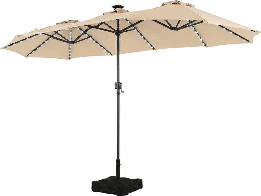 Large 13 FT double-sided patio umbrella with 108 LED lights, crank lift, and sturdy base for outdoor use.