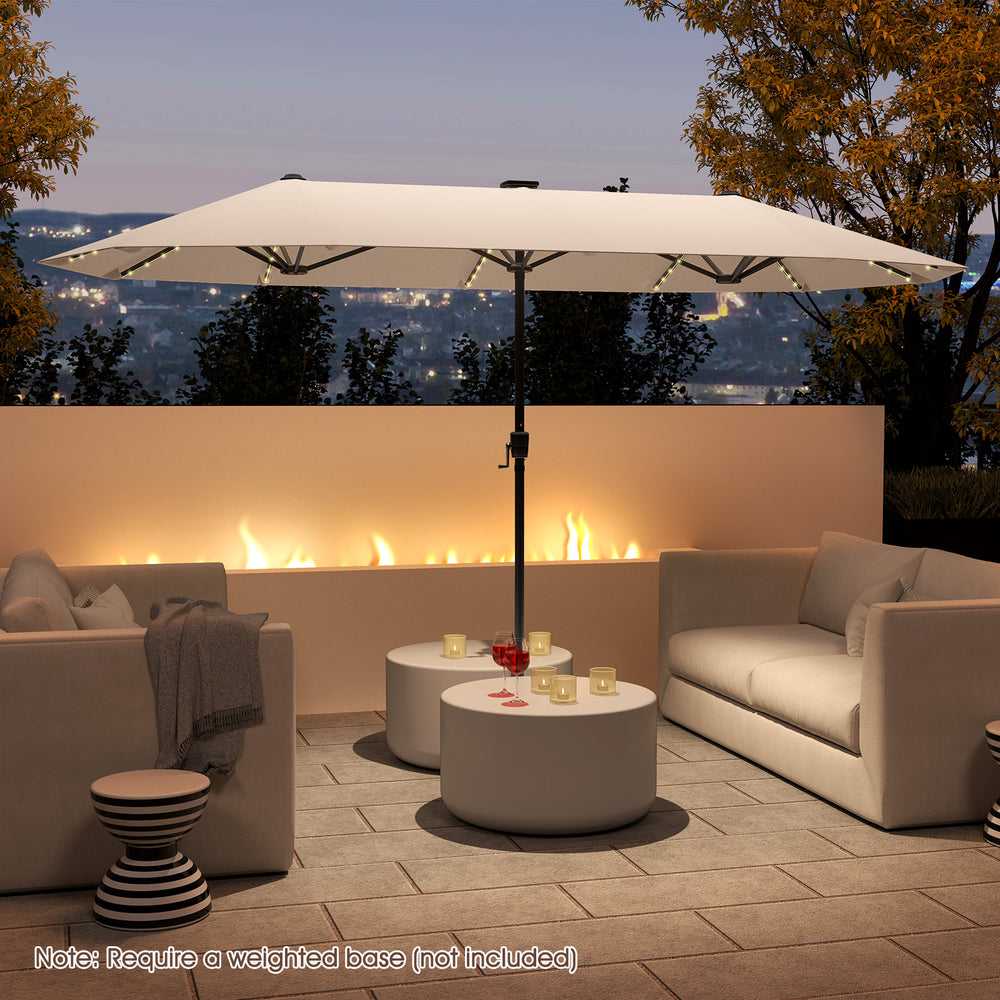 Close-up view of the 13 ft beige patio umbrella showcasing its durable 180 GSM polyester fabric and LED lights for.