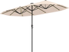 Double-sided 13 FT beige patio umbrella featuring a solar panel for energy-efficient LED lights and a sturdy crank.