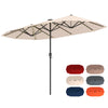 13 FT beige patio umbrella with LED solar lights, crank handle, and double-sided design for enhanced shade coverage.