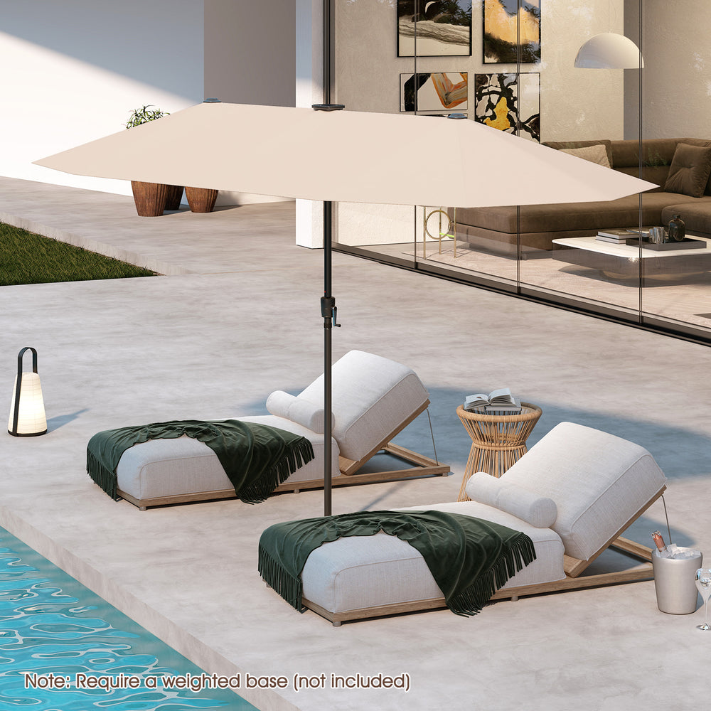 Large 13 ft beige patio umbrella with LED solar lights, crank handle, and double-sided design for ample shade.