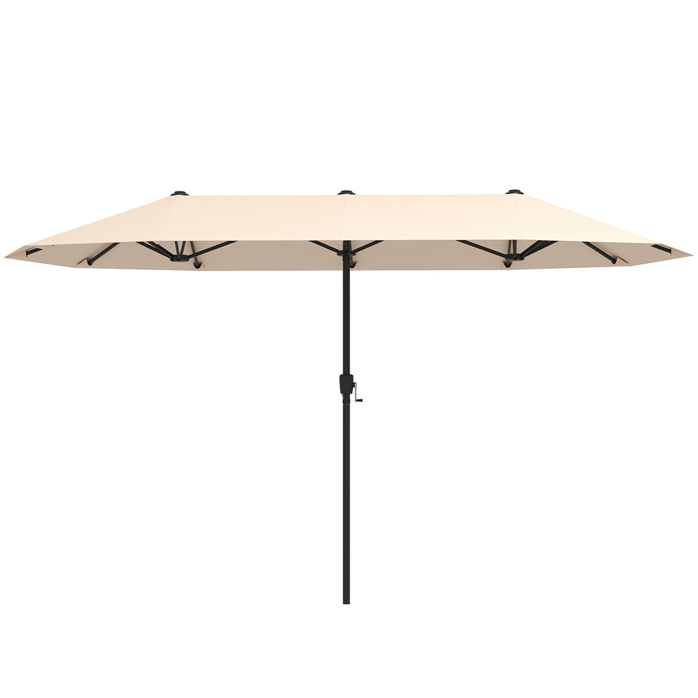 Double-sided 13 ft patio umbrella in beige with crank handle, perfect for providing shade at outdoor gatherings.