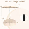 Double-sided 13 ft beige patio umbrella with crank handle, featuring robust metal ribs for stability and large shade.