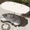 Curved outdoor sofa with beige 13 ft patio umbrella, featuring a double-sided design for ample shade coverage.