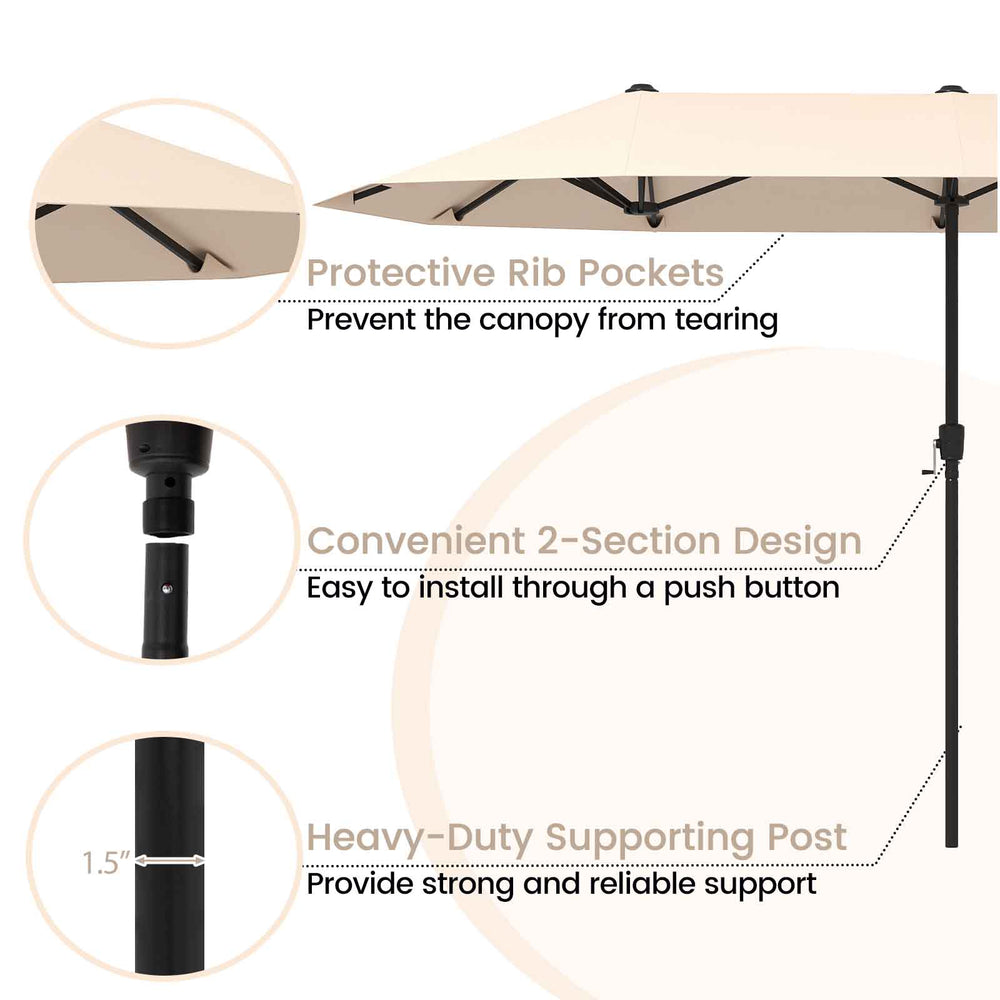 Close-up of the 13 ft beige patio umbrella showcasing the crank handle and protective rib pockets for durability.