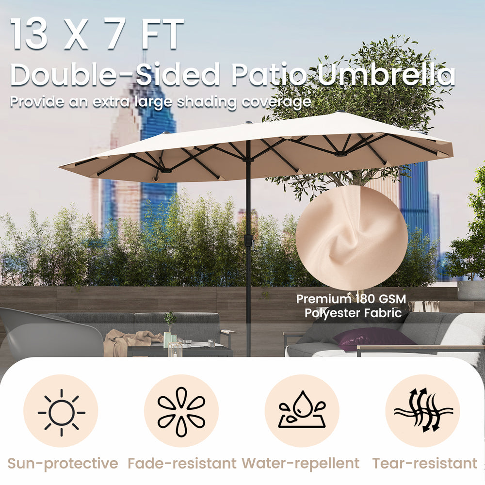 Double-sided 13 ft patio umbrella in beige, made of fade-resistant polyester, ideal for outdoor shading and stability.