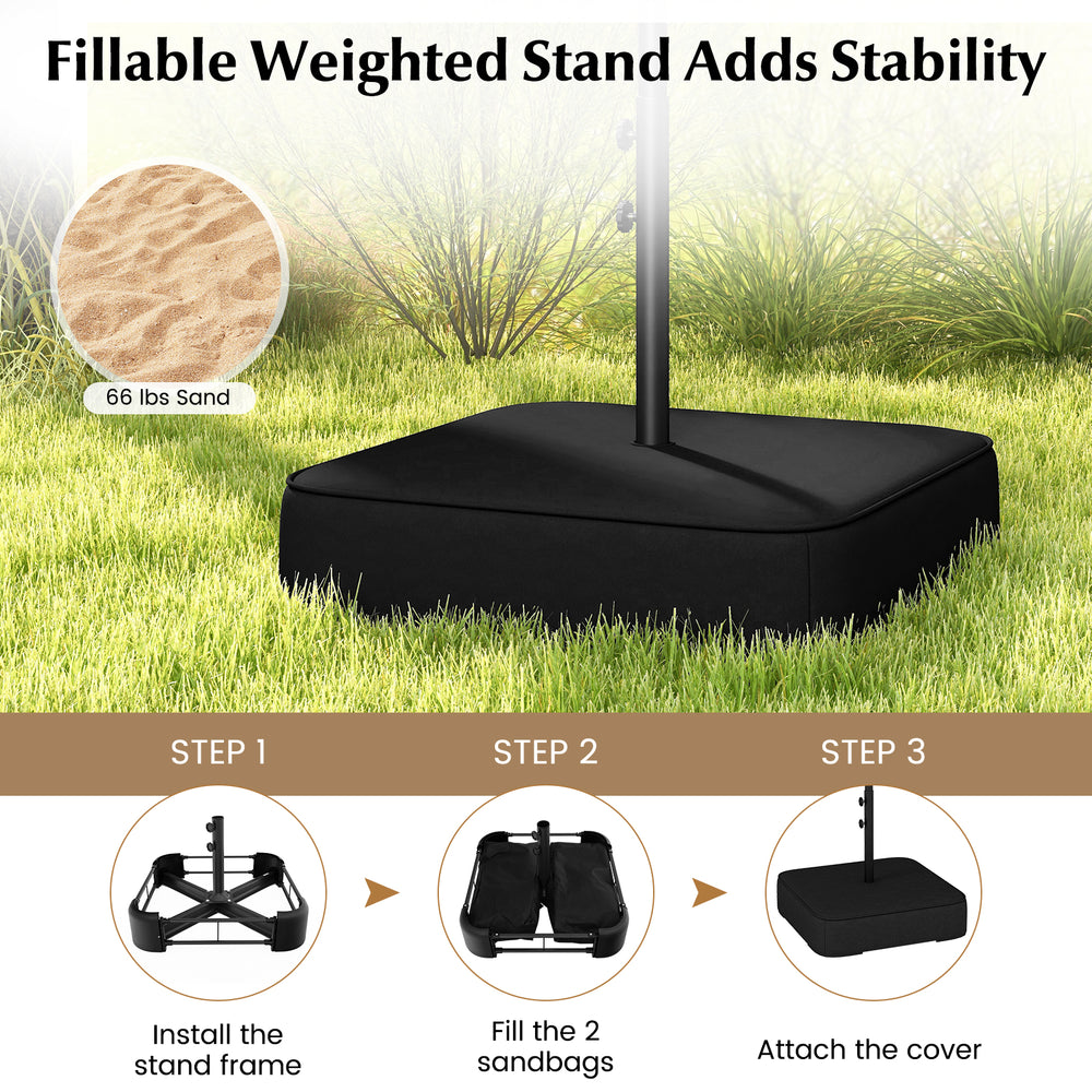 Fillable weighted stand for 13 feet double-sided patio umbrella, ensuring stability for outdoor use in gardens and.