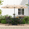 Double-sided 13 feet patio umbrella in beige with crank handle, providing ample shade for outdoor dining and relaxation.