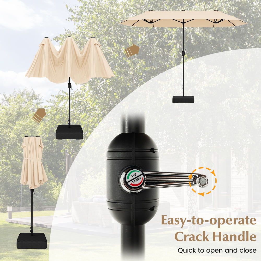 Close-up of the easy-to-operate crank handle on a 13 feet double-sided patio umbrella in beige, ensuring quick.