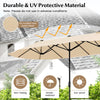 Double-sided 13 feet patio umbrella in beige with crank handle, made from non-fading, sun-proof fabric for outdoor use.