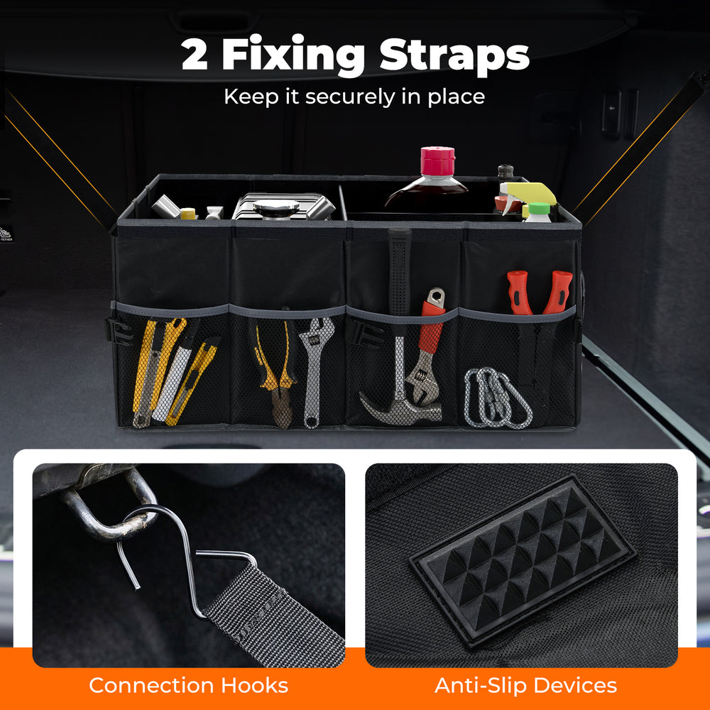 Car trunk organizer with removable divider, 6 pockets, and anti-slip base for secure storage and easy access.