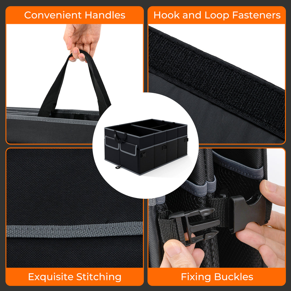 Car trunk organizer in black with removable divider, featuring convenient handles, pockets, and fixing buckles for easy.