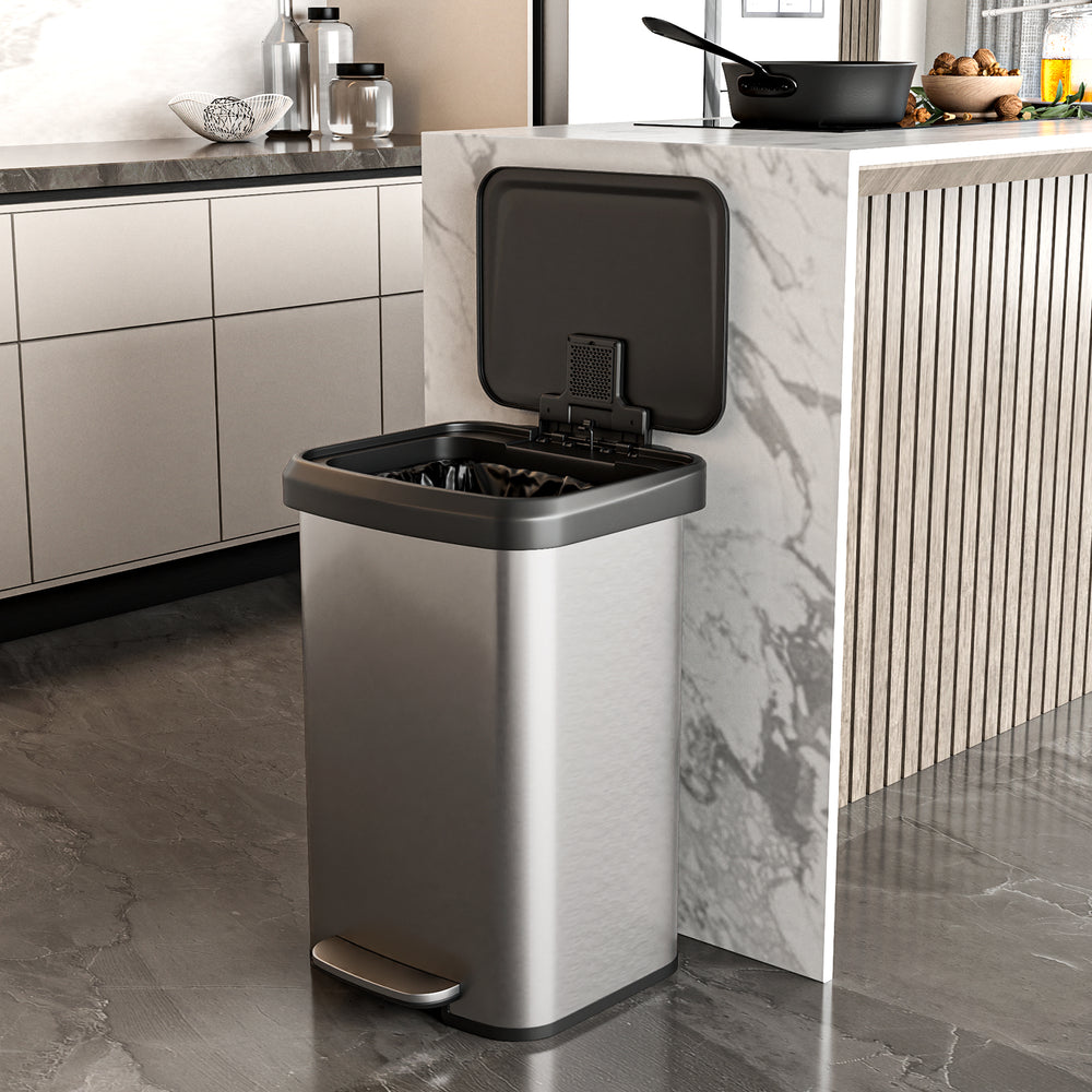 Stainless steel 13.2-gallon step trash can with soft close lid and built-in deodorizer, ideal for kitchens and offices.