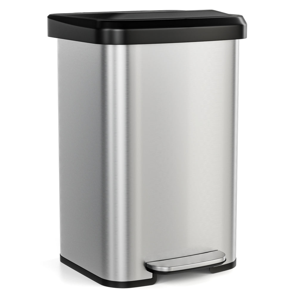 Stainless steel 13.2-gallon step trash can with soft close lid and built-in deodorizer for home or office use.