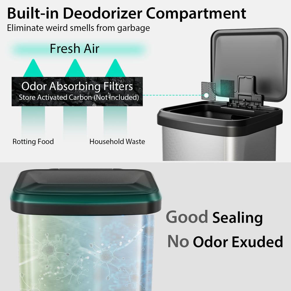 13.2-gallon stainless steel step trash can with soft close lid and built-in deodorizer compartment for odor control.