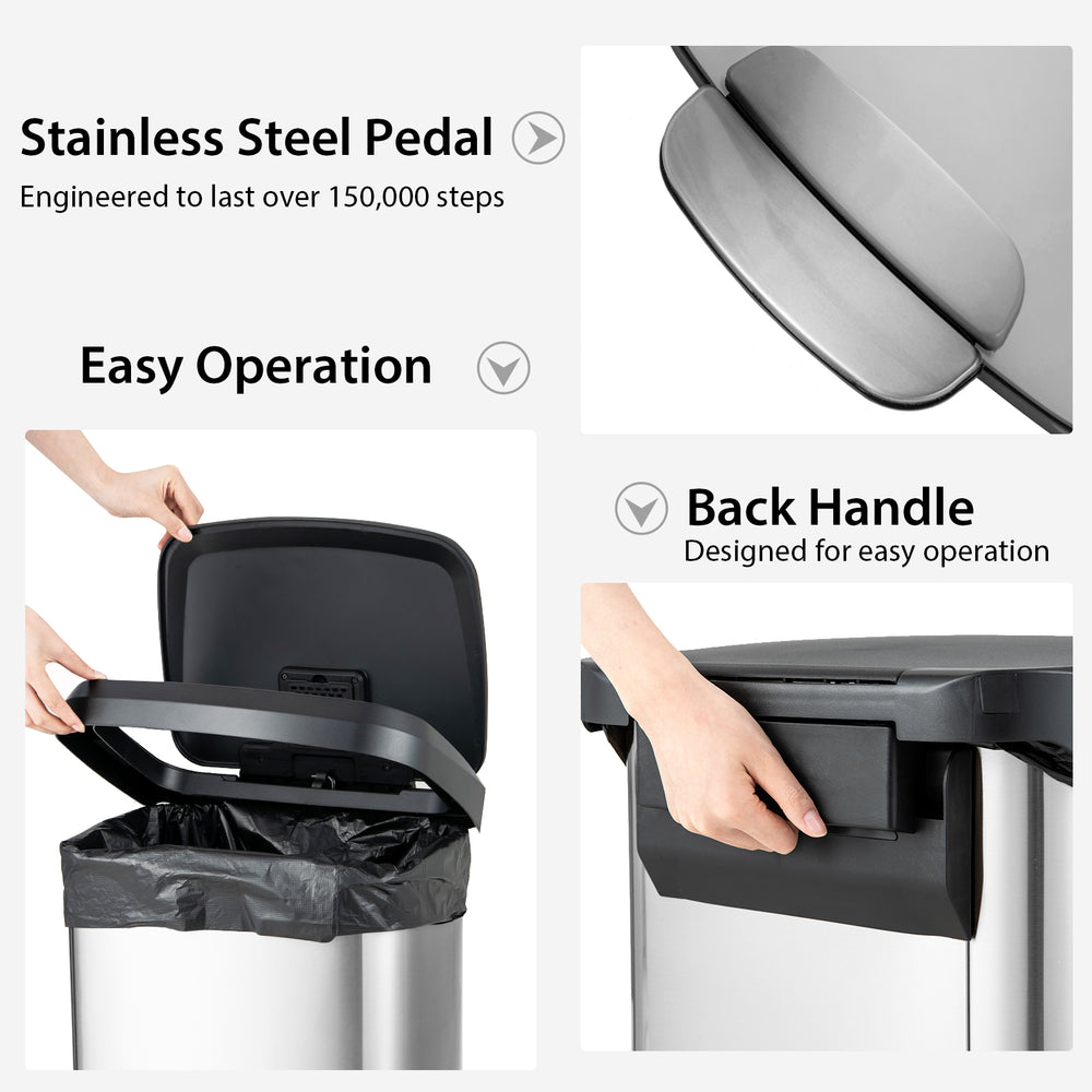 Stainless steel step trash can with a soft close lid and back handle, designed for easy operation and large capacity.
