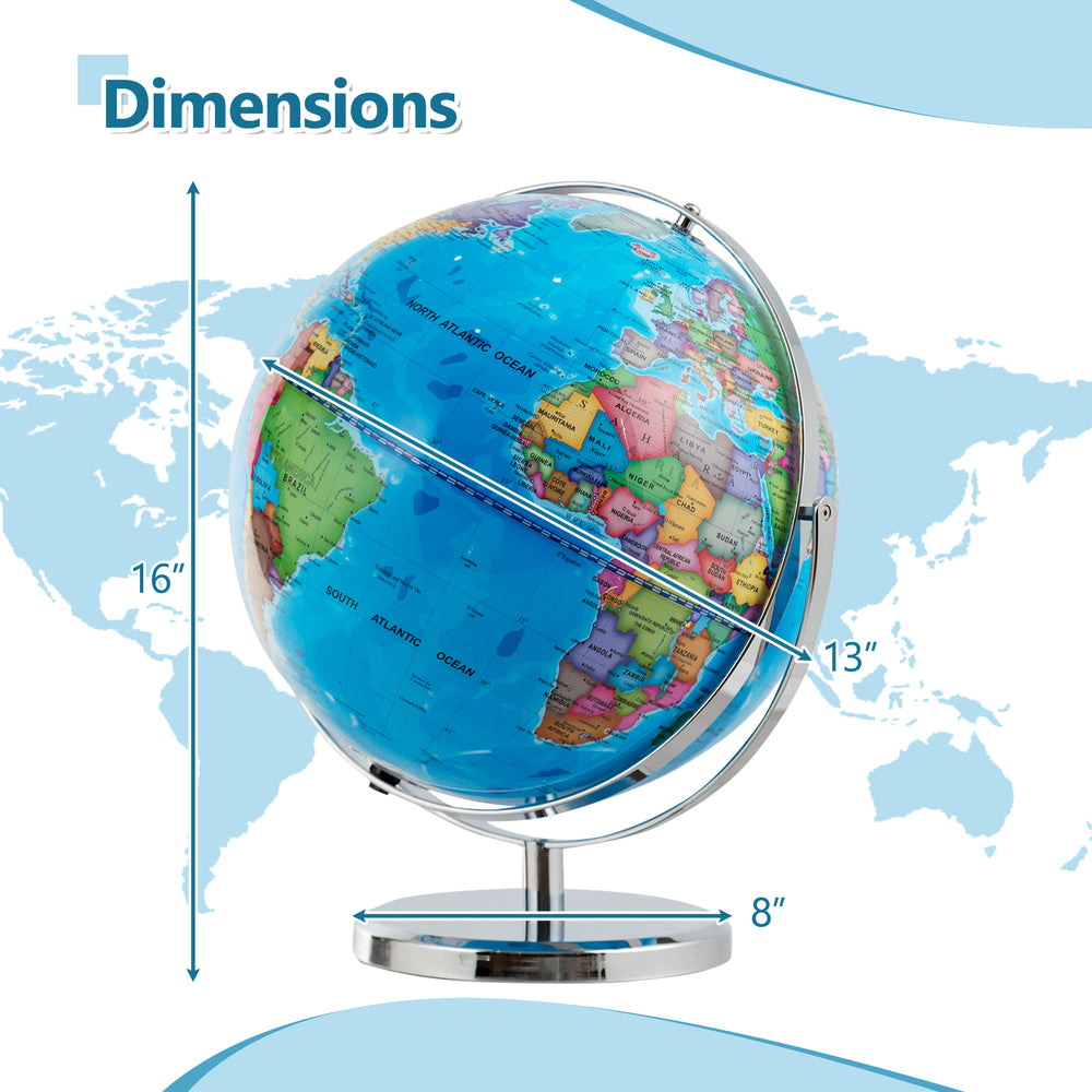 Illuminated 13-inch world globe with 720° rotation, colorful geographic details, ideal for classroom or office decor.