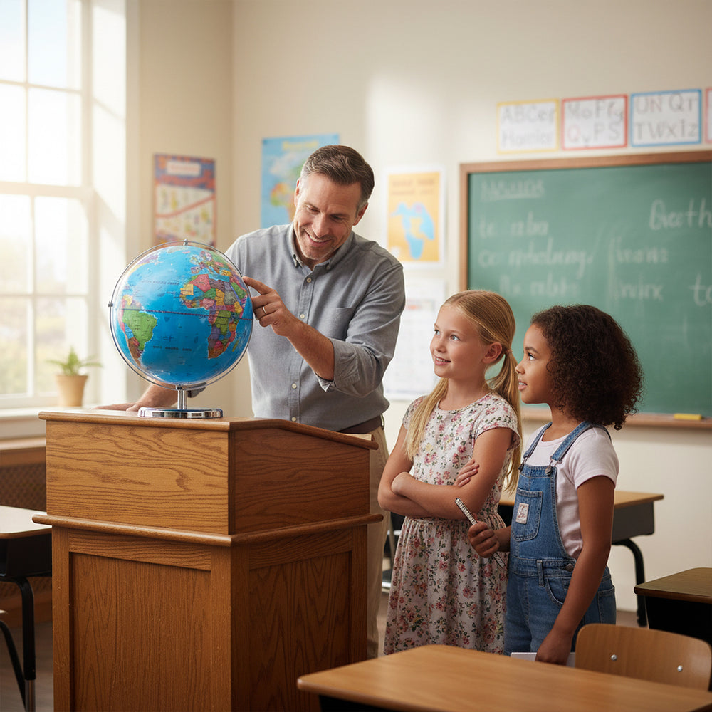 Illuminated 13-inch world globe on a wooden podium, showcasing a 720° rotating map, perfect for classroom learning.