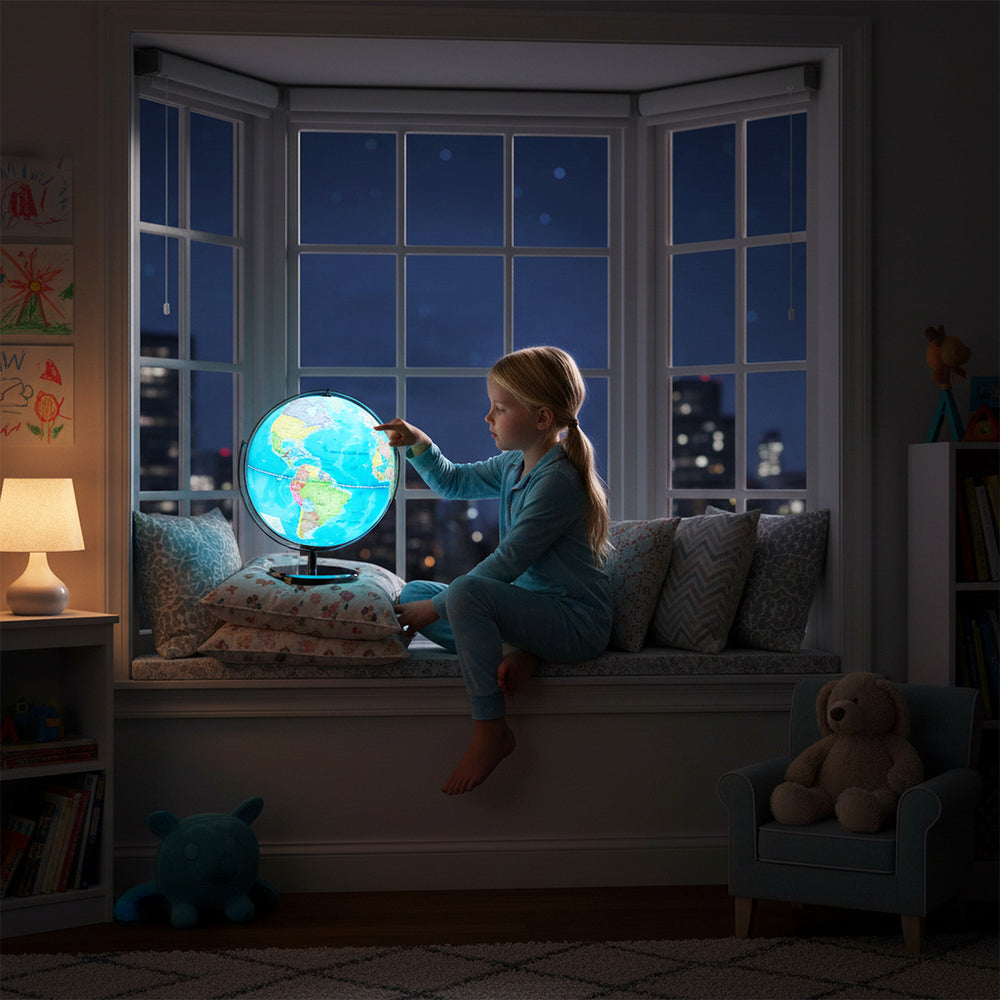 Illuminated 13-inch world globe with 720° rotation, showcasing colorful geography, perfect for children's learning.